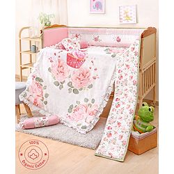 Bonfino Premium 100% Organic Cotton Crib Bedding Set Cupcake Print - Pink & White| All Season Quilt| Elastic-Border Crib Sheet|Quilted Bumper| Gentle on Baby's Skin| Lightweight & Portable|Washable
