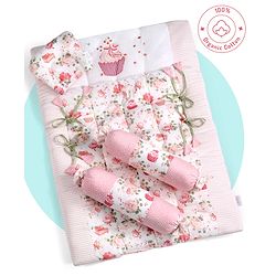 Bonfino Premium Organic Cotton Gadda Set Cupcake Print - Pink| New Born Gifting Option| For Boys & Girls| Pillow & Bolsters| Light Weight & Travel Friendly| Baby Safe| Use on Floor Crib Cot or Cradle