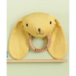 Bonfino Bear Rattle With Wooden Ring - Yellow