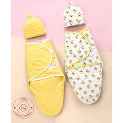 Bonfino Premium Organic Cotton Swaddle Wraps with Cap Honey Bee Print Set of 2 - Yellow