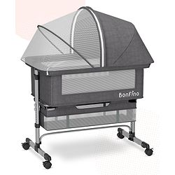 Bonfino Regal Crib Cum Bedside Bassinet - Grey| Variable Height Adjustment| Canopy cum Mosquito Net| Storage Basket| Wheels with Lock| Premium Fabric| Mesh Sides| Parent Bed Attachment| Aluminum Frame