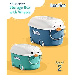 Bonfino Storage Box Pack of 2 - Green & Blue| Toys and Books Organizer| For Boys and Girls| Clip Lock Lid| Portable| Durable and Sturdy| Convenient Pull Handle