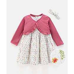 Bonfino Girls Sleeves All Over Printed Dress with Full Sleeves Shrug - Ivory