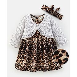 Bonfino Dress With Full Sleeves Lace Shrug and Headband Floral & Leopard Print- Brown
