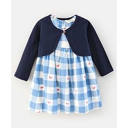 Bonfino Checked Dress With Full Sleeves Shrug Bird Print- Blue