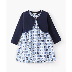 Bonfino Woven Frock With Full Sleeves Shrug Geometrical Pattern - Blue