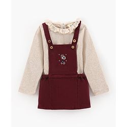Bonfino 100% Cotton Embroidered Dungaree with Full Sleeves Inner Tee - Maroon