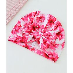 Bonfino Free Size Cap with Bow Applique Floral Print - Red & White