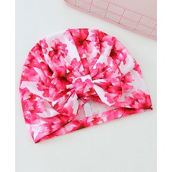 Bonfino Free Size Cap with Bow Applique Floral Print - Red & White