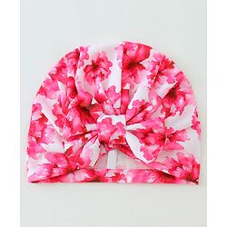 Bonfino Free Size Cap with Bow Applique Floral Print - Red & White