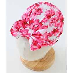 Bonfino Free Size Cap with Bow Applique Floral Print - Red & White