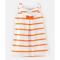 Bonfino Sleeveless Dress With Bow Applique Stripes Print- Orange