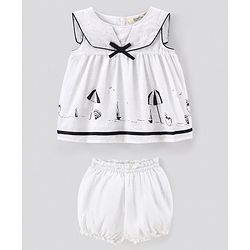 Bonfino Cotton Half Sleeves Top and Short Boat Print - White