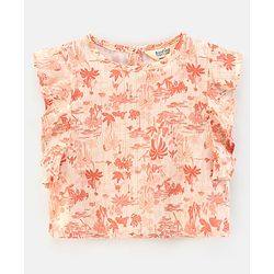 Bonfino 100% Cotton Woven Sleeveless Top Pine Tree Print - Peach