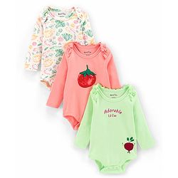 Bonfino Cotton Interlock Fabric Full Sleeves Onesies Cherry Print Pack Of 3 - Peach Green