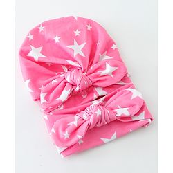 Bonfino Free Size Stars Print Cap and Headband with Bow Applique Pack of 2 - Pink