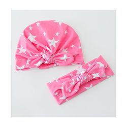 Bonfino Free Size Stars Print Cap and Headband with Bow Applique Pack of 2 - Pink