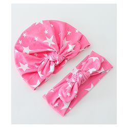 Bonfino Free Size Stars Print Cap and Headband with Bow Applique Pack of 2 - Pink
