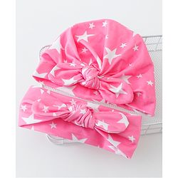 Bonfino Free Size Stars Print Cap and Headband with Bow Applique Pack of 2 - Pink