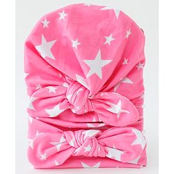 Bonfino Free Size Stars Print Cap and Headband with Bow Applique Pack of 2 - Pink