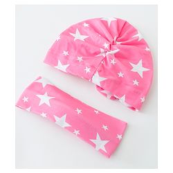 Bonfino Free Size Stars Print Cap and Headband with Bow Applique Pack of 2 - Pink