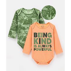 Bonfino Cotton Knit Full Sleeves Onesies Text & Trees Print Pack of 2 - Green & Ivory