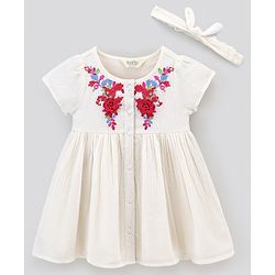 Bonfino 100% Rayon Half Sleeves Floral Embroidered Frock & Headband - Ivory