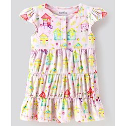 Bonfino 100% Cotton Knit Cap Sleeves Frock House Print - Ivory