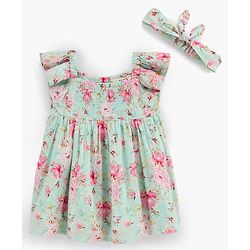 Bonfino Woven Half Sleeves Frock Floral Print - Green