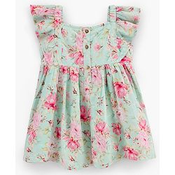 Bonfino Woven Half Sleeves Frock Floral Print - Green