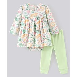 Bonfino Full Sleeves Frock Style Onesie With Ankle Length Leggings Vegetable Print- White Green