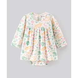 Bonfino Full Sleeves Frock Style Onesie With Ankle Length Leggings Vegetable Print- White Green