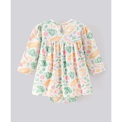 Bonfino Full Sleeves Frock Style Onesie With Ankle Length Leggings Vegetable Print- White Green