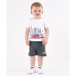Bonfino Cotton Half Sleeves Vehicle Print T-Shirt & Shorts Set - White & Grey
