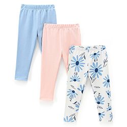Bonfino Cotton Knit Ankle Length Leggings Solid & Floral Print Pack of 3 - Pink Blue & White