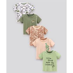 Bonfino 100% Cotton Knit Half Sleeves T-Shirts Dino Print Pack of 5 - Green Peach & White