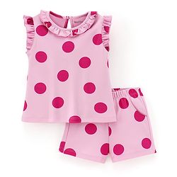 Bonfino Cotton Interlock Frill Sleeves Top & Shorts Set Polka Dots Print - Pink