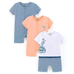 Bonfino 100% Cotton Half Sleeves Rompers Bird Print - White  Orange & Blue