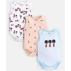 Bonfino 100% Cotton  Sleeveless Onesies Beefeaters Print pack of 3 - Ivory Peach & Blue