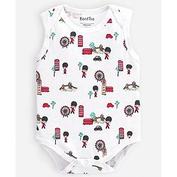 Bonfino 100% Cotton  Sleeveless Onesies Beefeaters Print pack of 3 - Ivory Peach & Blue