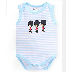Bonfino 100% Cotton  Sleeveless Onesies Beefeaters Print pack of 3 - Ivory Peach & Blue