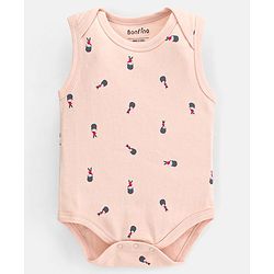 Bonfino 100% Cotton  Sleeveless Onesies Beefeaters Print pack of 3 - Ivory Peach & Blue