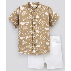 Bonfino Half Sleeve Shirt And Shorts Set Floral Print - Beige & White