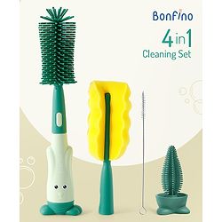 Bonfino Bottle & Nipple Cleaning Brushes with Elephant Detailing - Green| Straw Brush| Scratch Resistant| Silicone & Sponge Heads| BPA Free & Non-toxic| Easygrip Handle| Bottles, Sippers, Teats, Straw