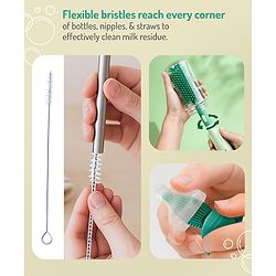 Bonfino Bottle & Nipple Cleaning Brushes with Elephant Detailing - Green| Straw Brush| Scratch Resistant| Silicone & Sponge Heads| BPA Free & Non-toxic| Easygrip Handle| Bottles, Sippers, Teats, Straw