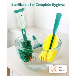 Bonfino Bottle & Nipple Cleaning Brushes with Elephant Detailing - Green| Straw Brush| Scratch Resistant| Silicone & Sponge Heads| BPA Free & Non-toxic| Easygrip Handle| Bottles, Sippers, Teats, Straw