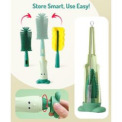 Bonfino Bottle & Nipple Cleaning Brushes with Elephant Detailing - Green| Straw Brush| Scratch Resistant| Silicone & Sponge Heads| BPA Free & Non-toxic| Easygrip Handle| Bottles, Sippers, Teats, Straw