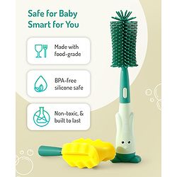 Bonfino Bottle & Nipple Cleaning Brushes with Elephant Detailing - Green| Straw Brush| Scratch Resistant| Silicone & Sponge Heads| BPA Free & Non-toxic| Easygrip Handle| Bottles, Sippers, Teats, Straw