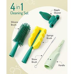 Bonfino Bottle & Nipple Cleaning Brushes with Elephant Detailing - Green| Straw Brush| Scratch Resistant| Silicone & Sponge Heads| BPA Free & Non-toxic| Easygrip Handle| Bottles, Sippers, Teats, Straw
