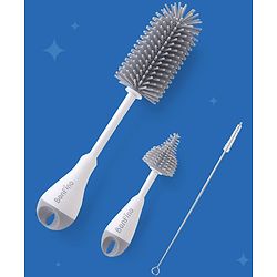 Bonfino Bottle & Nipple Cleaning Brushes Set Of 3 - Grey| Straw Cleaning Brush| Scratch Resistant Silicone Bristles| BPA Free & Food Grade| Ergonomic Handle| For Bottles, Sippers, Teats, Straw